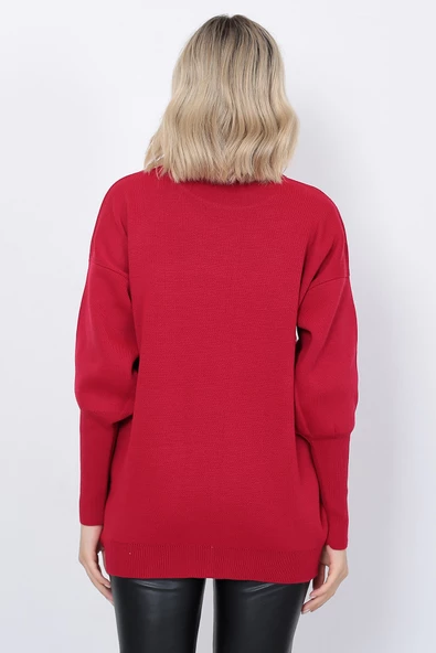 Kadın Triko Kazak Bisiklet Yaka Yaprak Desenli Kolu Taşlı Oversize Kırmızı - Resim 6