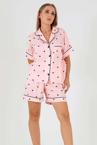 DoReMi Black Hearts Kısa Kollu Kadın Şortlu Pijama Takım - Resim 2