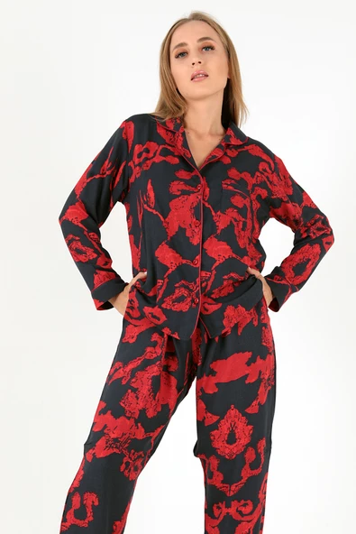 DoReMi Red Flowers Uzun Kollu Kadın Pijama Takım - Resim 2