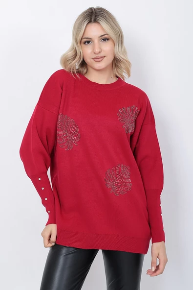 Kadın Triko Kazak Bisiklet Yaka Yaprak Desenli Kolu Taşlı Oversize Kırmızı - Resim 7