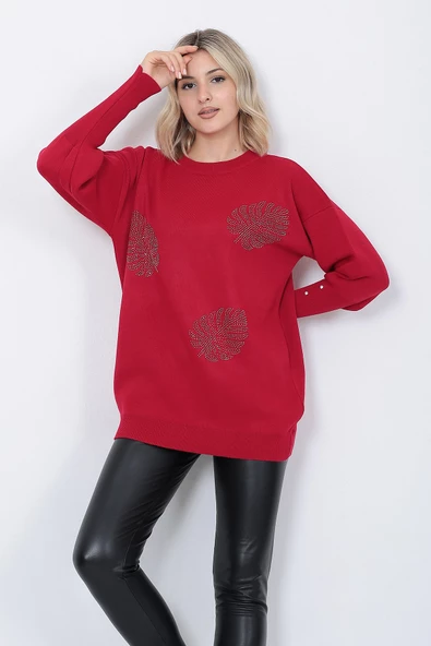 Kadın Triko Kazak Bisiklet Yaka Yaprak Desenli Kolu Taşlı Oversize Kırmızı - Resim 8
