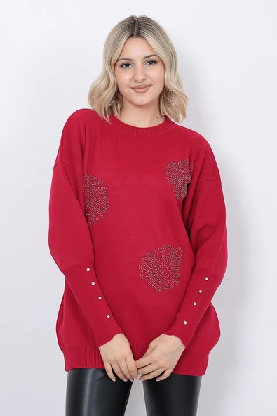 Kadın Triko Kazak Bisiklet Yaka Yaprak Desenli Kolu Taşlı Oversize Kırmızı - Resim 9