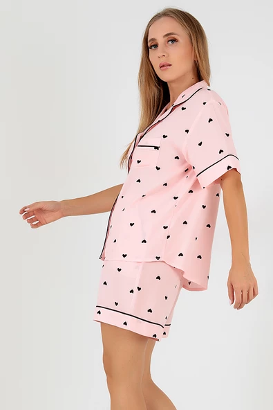 DoReMi Black Hearts Kısa Kollu Kadın Şortlu Pijama Takım - Resim 4