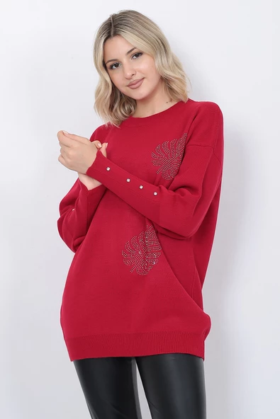 Kadın Triko Kazak Bisiklet Yaka Yaprak Desenli Kolu Taşlı Oversize Kırmızı - Resim 2