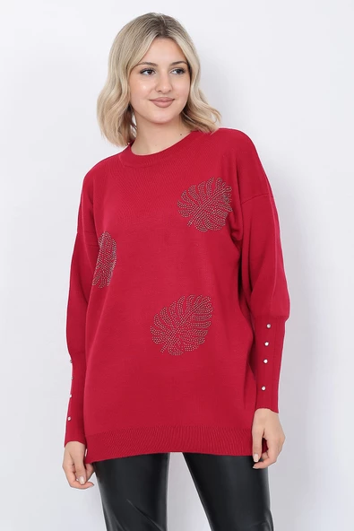 Kadın Triko Kazak Bisiklet Yaka Yaprak Desenli Kolu Taşlı Oversize Kırmızı - Resim 13
