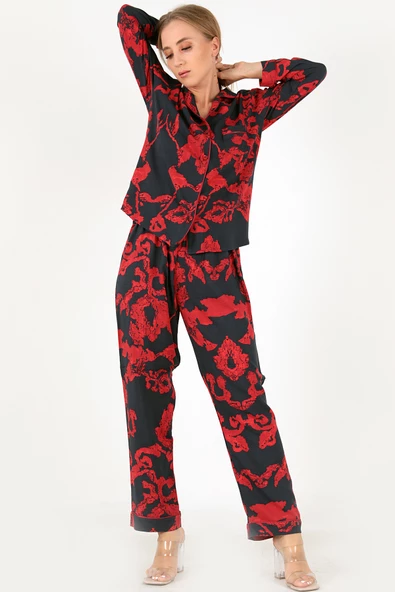 DoReMi Red Flowers Uzun Kollu Kadın Pijama Takım - Resim 5