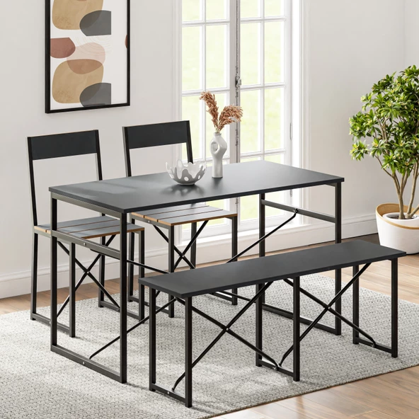 Eportatif Mutfak Masası Bench Bank 120x60 Masa Set 2 Adet Sandalye Yemek Masası Füme 1548