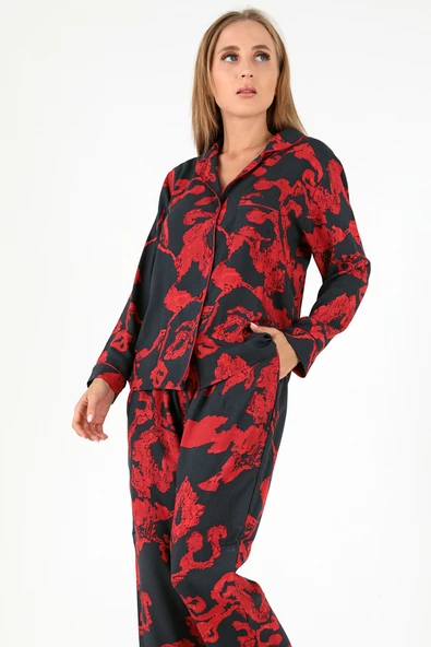 DoReMi Red Flowers Uzun Kollu Kadın Pijama Takım - Resim 7