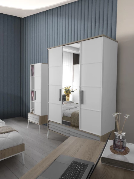Erezoğulları Mobilya Asil Modern 3 Kapaklı Çekmeceli Elbise Dolabı Gardrop 137cm - 3