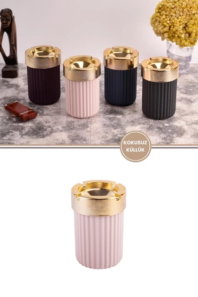 Kokusuz Çizgili Gold Küllük, Dumansız Yuvarlak Küllük - 2