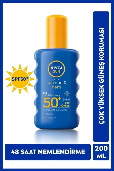 NIVEA Sun SPF 50+ Koruma & 48 Saat Nemlendirme Güneş Kremi 200 ml Sprey,Çok Yüksek Güneş Koruyucu