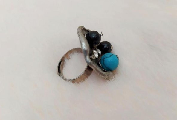 Dogal Mavi Mercan Onix Taşlı Kadın Yüzük Ayarlanabilir Ölçü - 2