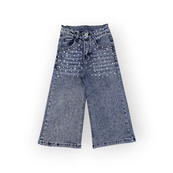 Taş Aksesuarlı Bol Paça Kız Çocuk Likralı Jean Pantolon - 2