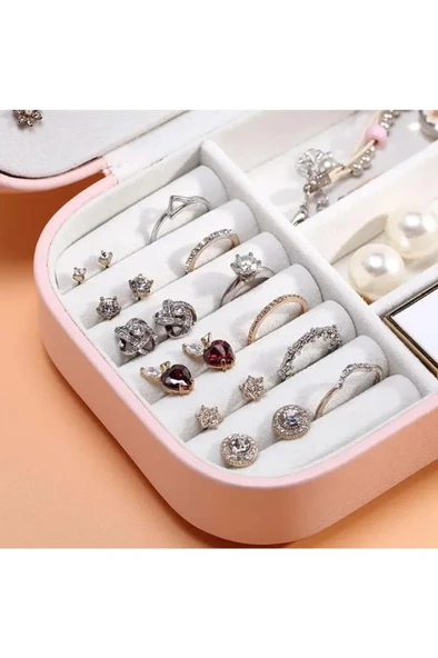 Dikdörtgen Takı Kutusu 3 Bölmeli Mücevher Düzenleyici Yüzük Küpe Kolye Seyahat Organizeri Pembe - Resim 2