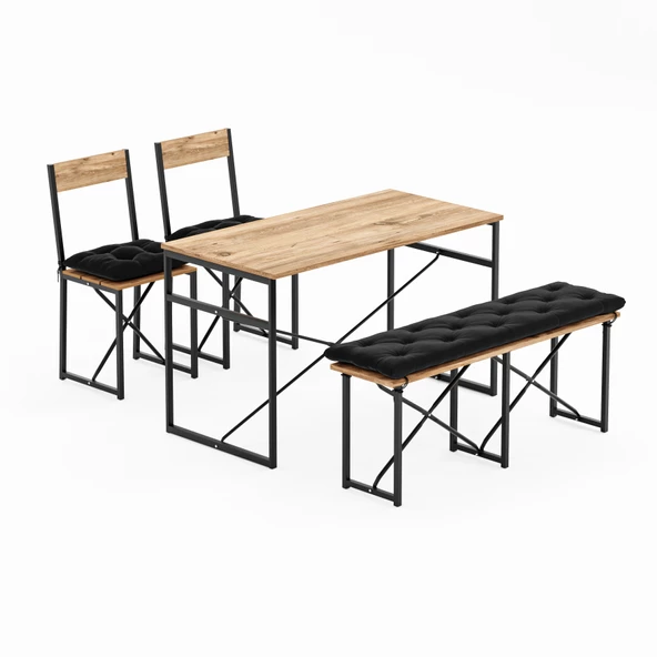 Eportatif Mutfak Masası Minderli Bank 120x60 Masa Set 2 Adet Sandalye Yemek Masası Çam 1549 - 5