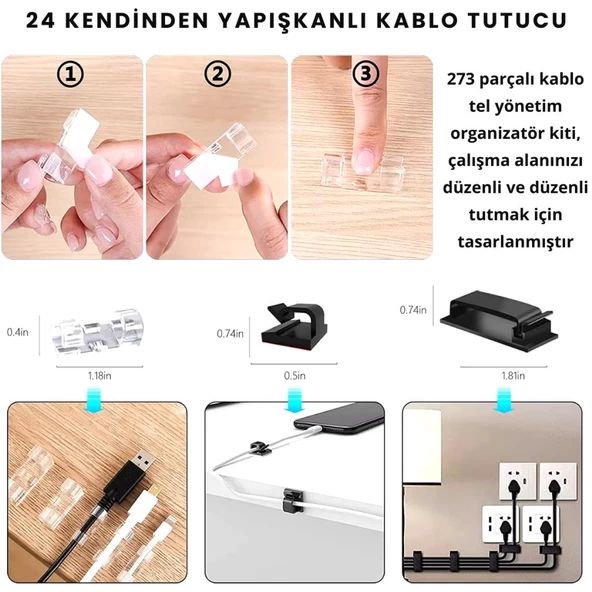 Polham 273 Parça Kablo Düzenleyici Organizer, Ev Ofis İçin Çok Fonksiyonlu Yanmaz Su Geçirmez Kablo Düzenleyici - 5