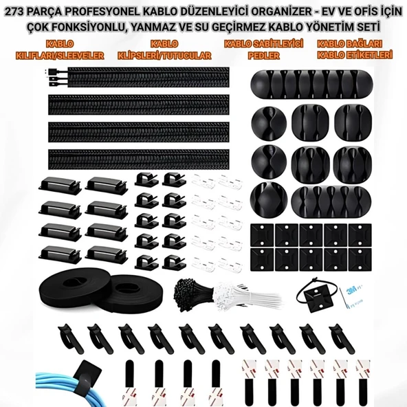 Polham 273 Parça Kablo Düzenleyici Organizer, Ev Ofis İçin Çok Fonksiyonlu Yanmaz Su Geçirmez Kablo Düzenleyici