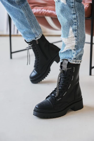 Kadın Parlak Taş Bağcıklı Şık Bot Tam Kalıp Yuvarlak Burun Günlük Bot - Resim 2