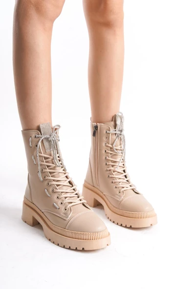 Kadın Parlak Taş Bağcıklı Şık Bot Tam Kalıp Yuvarlak Burun Günlük Bot - Resim 5