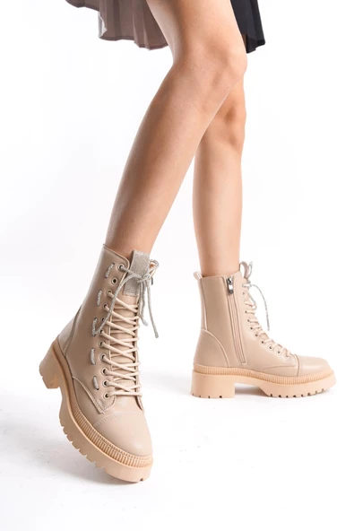 Kadın Parlak Taş Bağcıklı Şık Bot Tam Kalıp Yuvarlak Burun Günlük Bot - Resim 3