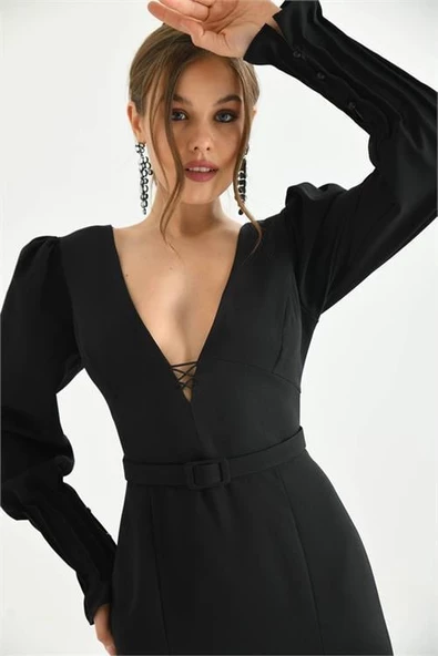 Dipmoda kadın siyah kemer ve dekolte detaylı uzun abiye elbise DPS9297 - Resim 6