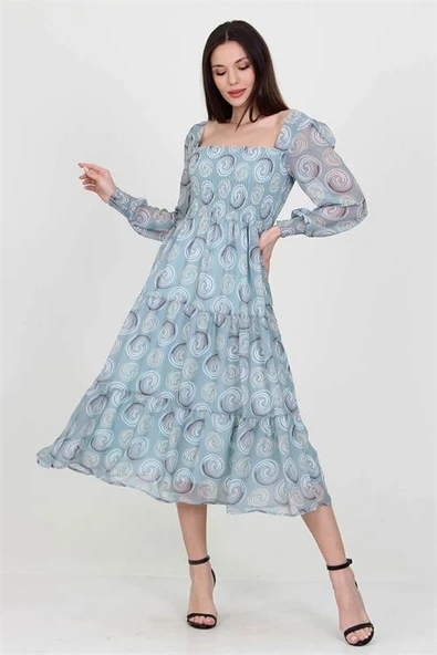 Kadın mint gipeli kare yaka desenli şifon elbise DP100361 - 3