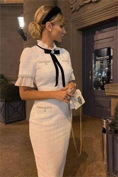 Dipmoda kadın kaşe kumaş inci ve broş detaylı abiye elbise DPEMP2051 - 3