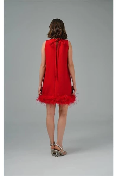 Dipmoda kadın atlas kumaş tüy detaylı mini abiye DPSWLL04 - Resim 3