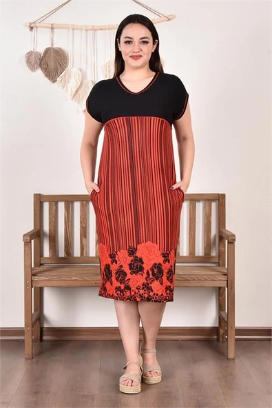 Kadın büyük beden nakışlı viskon elbise DPAYSL92 ürün görseli 1