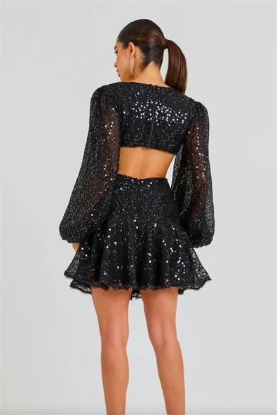 Dipmoda kadın ithal payet kumaş toka detaylı abiye elbise DPEMP2584 - Resim 5