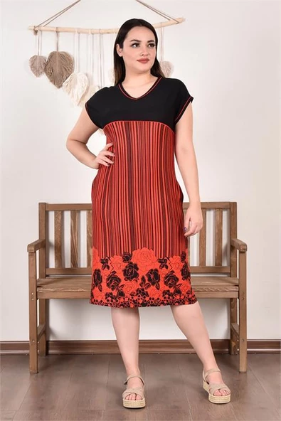 Kadın büyük beden nakışlı viskon elbise DPAYSL92 - Resim 2