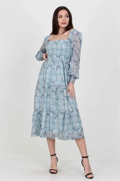 Kadın mint gipeli kare yaka desenli şifon elbise DP100361 - 4