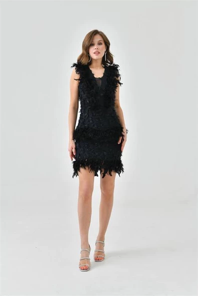 Dipmoda kadın tasarım otrij detaylı fransız tül abiye elbise DPSWLL08 - Resim 3