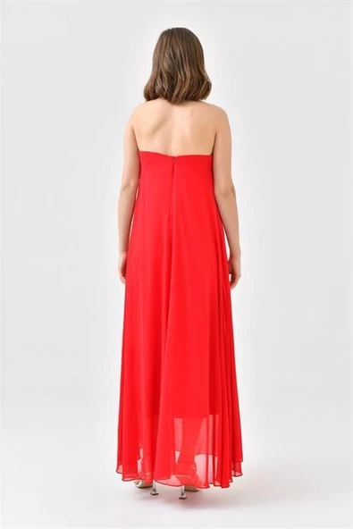 Dipmoda kadın kırmızı şifon gül detaylı uzun abiye elbise DPS9351 - Resim 4