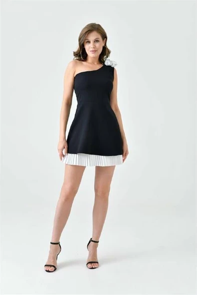 Dipmoda kadın siyah mini tek omuz abiye elbise DPS9357 - 2