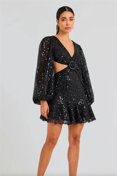 Dipmoda kadın ithal payet kumaş toka detaylı abiye elbise DPEMP2584 - Resim 3