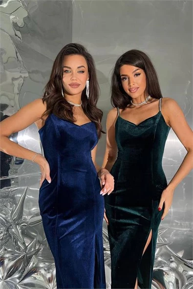 Dipmoda kadın kadife taş işlemeli abiye elbise DPEMP2554 - Resim 5