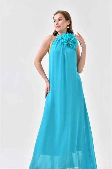 Dipmoda kadın mavi şifon gül detaylı uzun abiye elbise DPS9351 - Resim 3