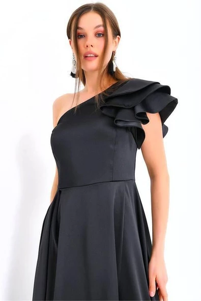 Dipmoda kadın siyah likralı tek omuz saten abiye elbise DPSWLL10 - Resim 4