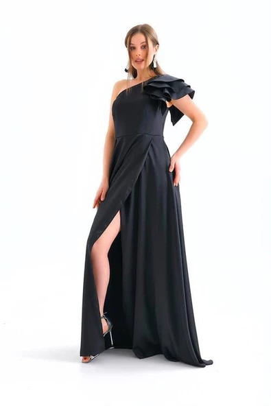 Dipmoda kadın siyah likralı tek omuz saten abiye elbise DPSWLL10 - Resim 3