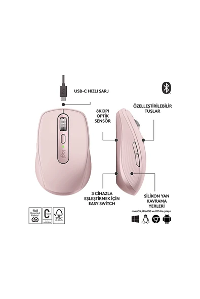 logitech MX Anywhere 3S Kompakt 8000 DPI Optik Sensörlü Sessiz Bluetooth Kablosuz Mouse - Pembe - 2
