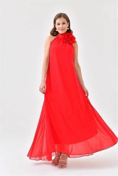 Dipmoda kadın kırmızı şifon gül detaylı uzun abiye elbise DPS9351 - Resim 2