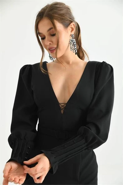 Dipmoda kadın siyah kemer ve dekolte detaylı uzun abiye elbise DPS9297 - Resim 5