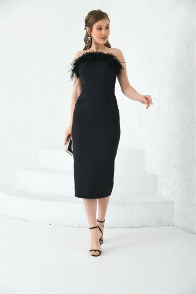 Dipmoda kadın siyah tüy detaylı straplez abiye elbise DPS003 - 3