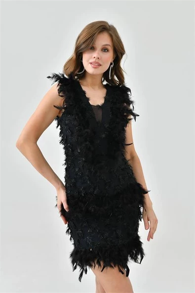 Dipmoda kadın tasarım otrij detaylı fransız tül abiye elbise DPSWLL08 - Resim 2