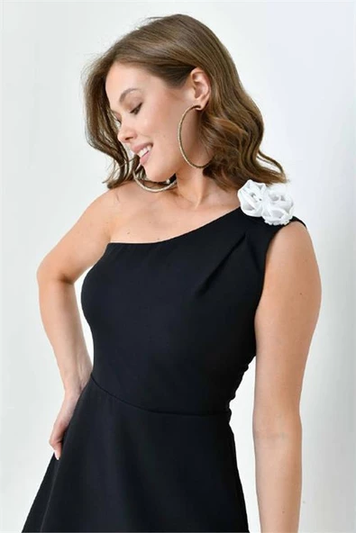 Dipmoda kadın siyah mini tek omuz abiye elbise DPS9357 - 3