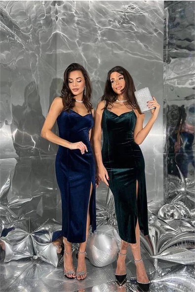 Dipmoda kadın kadife taş işlemeli abiye elbise DPEMP2554 - Resim 3