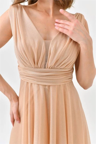 Dipmoda kadın gold v yaka simli tül abiye elbise DPS9223 - Resim 2