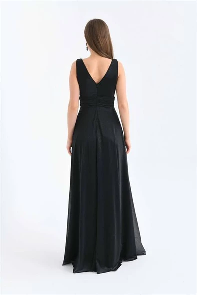 Dipmoda kadın siyah v yaka simli tül abiye elbise DPS9223 - Resim 6