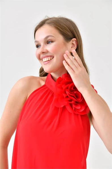 Dipmoda kadın kırmızı şifon gül detaylı uzun abiye elbise DPS9351 - Resim 3